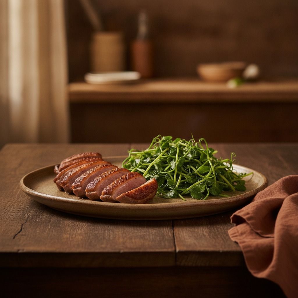 Duck Two Ways (Sautéed Duck and Duck-Oil Pea Sprouts) (AI-generated preview)