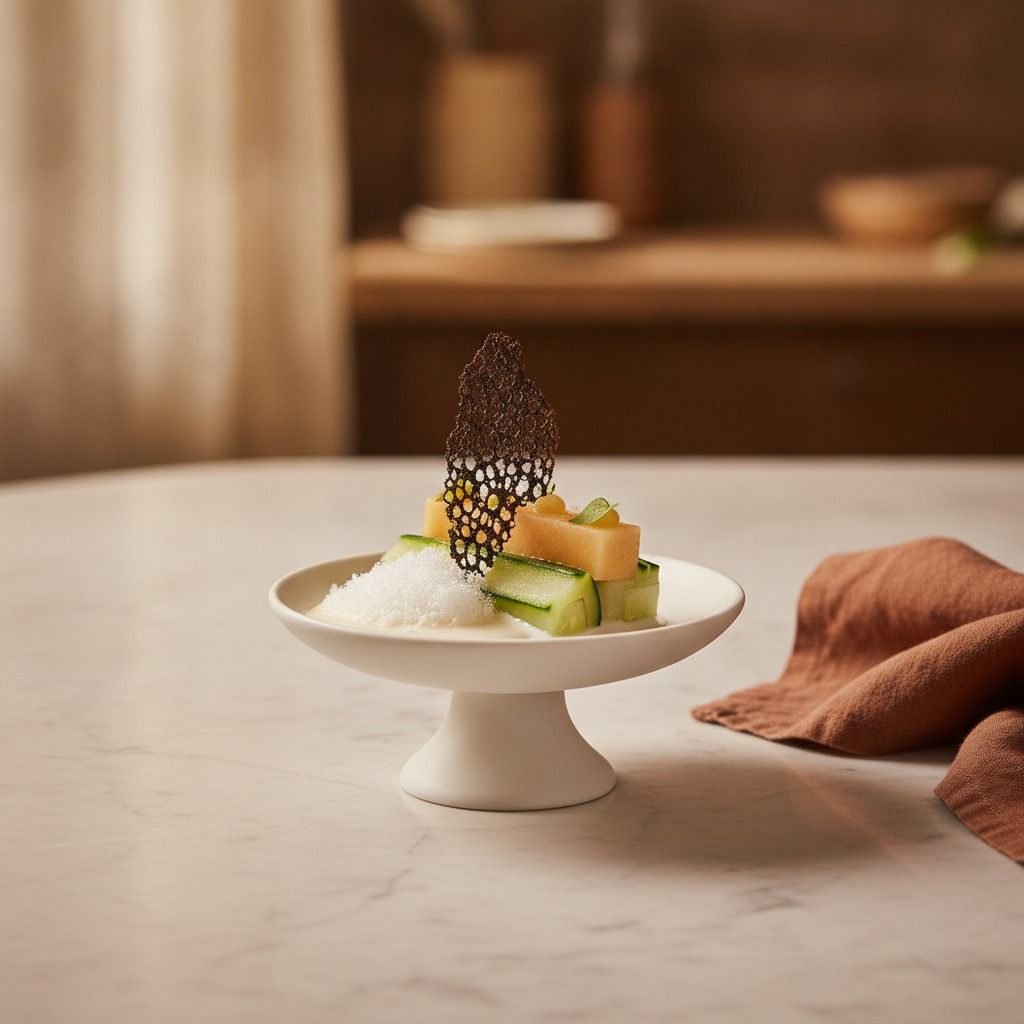 Amuse-Bouche — Cucumber Melon, Milk Snow & Charred Lace (AI-generated preview)