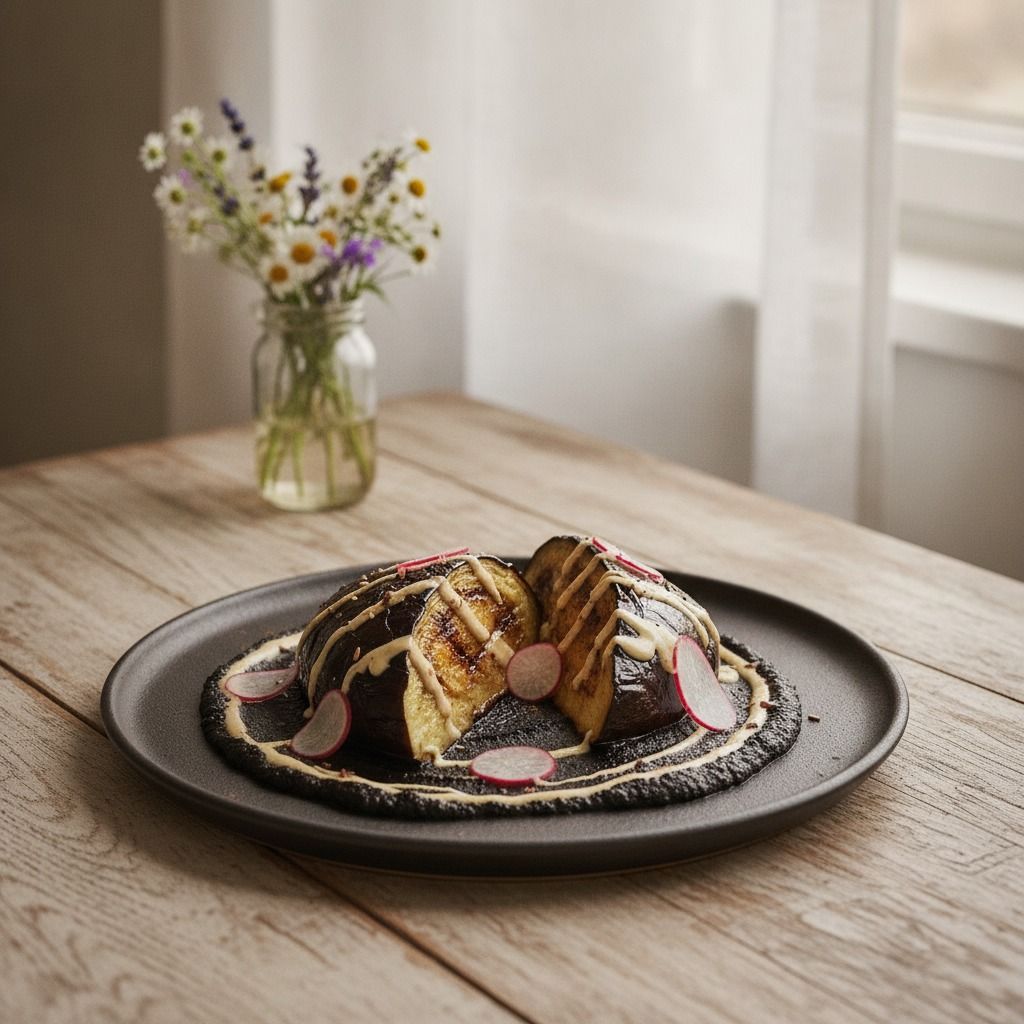 Barbecued Aubergine with Black Garlic and Tahini (AI-generated preview)