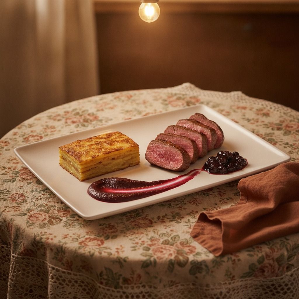 Roasted Fallow Deer with Potato Terrine and Elderberry Sauce (AI-generated preview)
