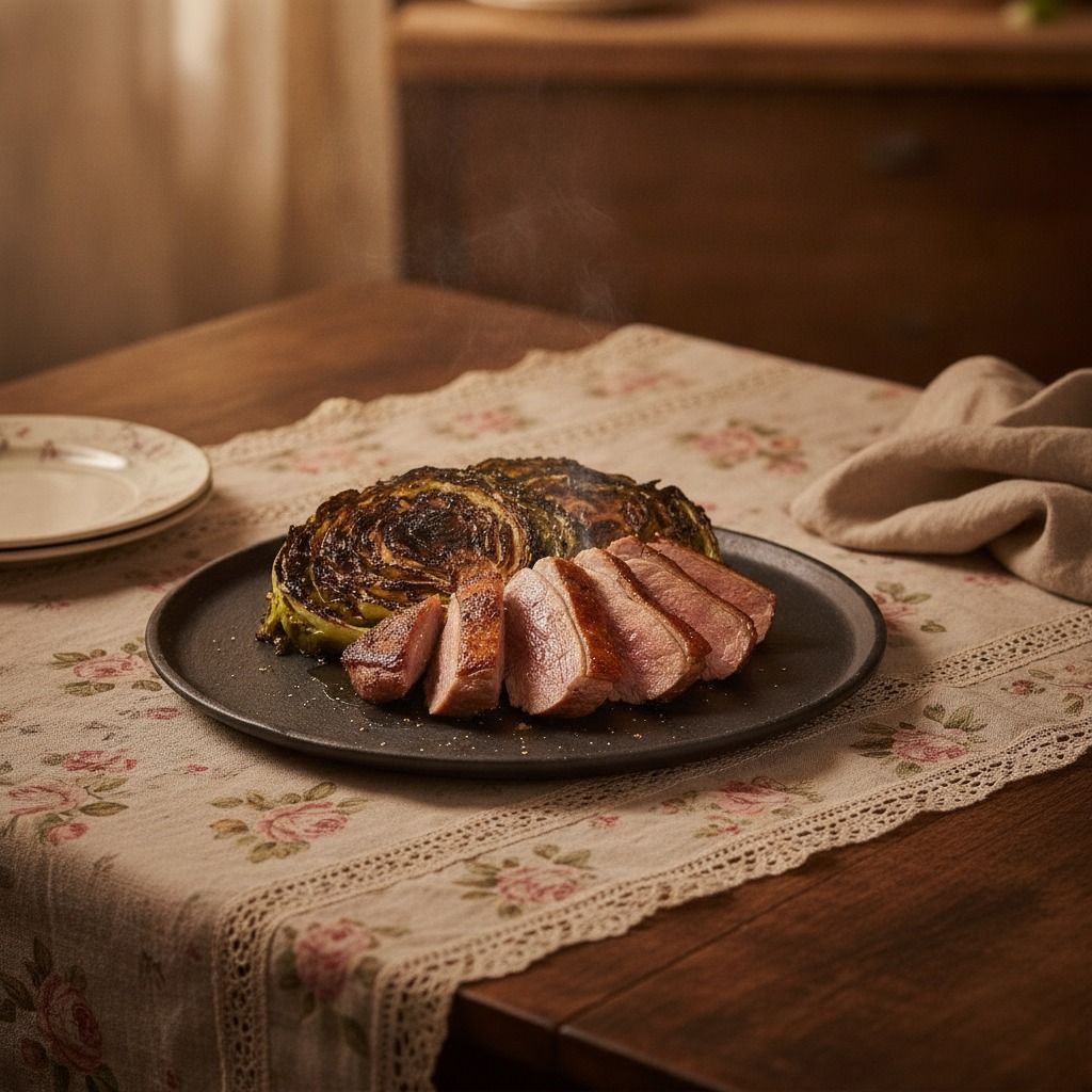 Squab Pigeon with Hispi Cabbage (AI-generated preview)