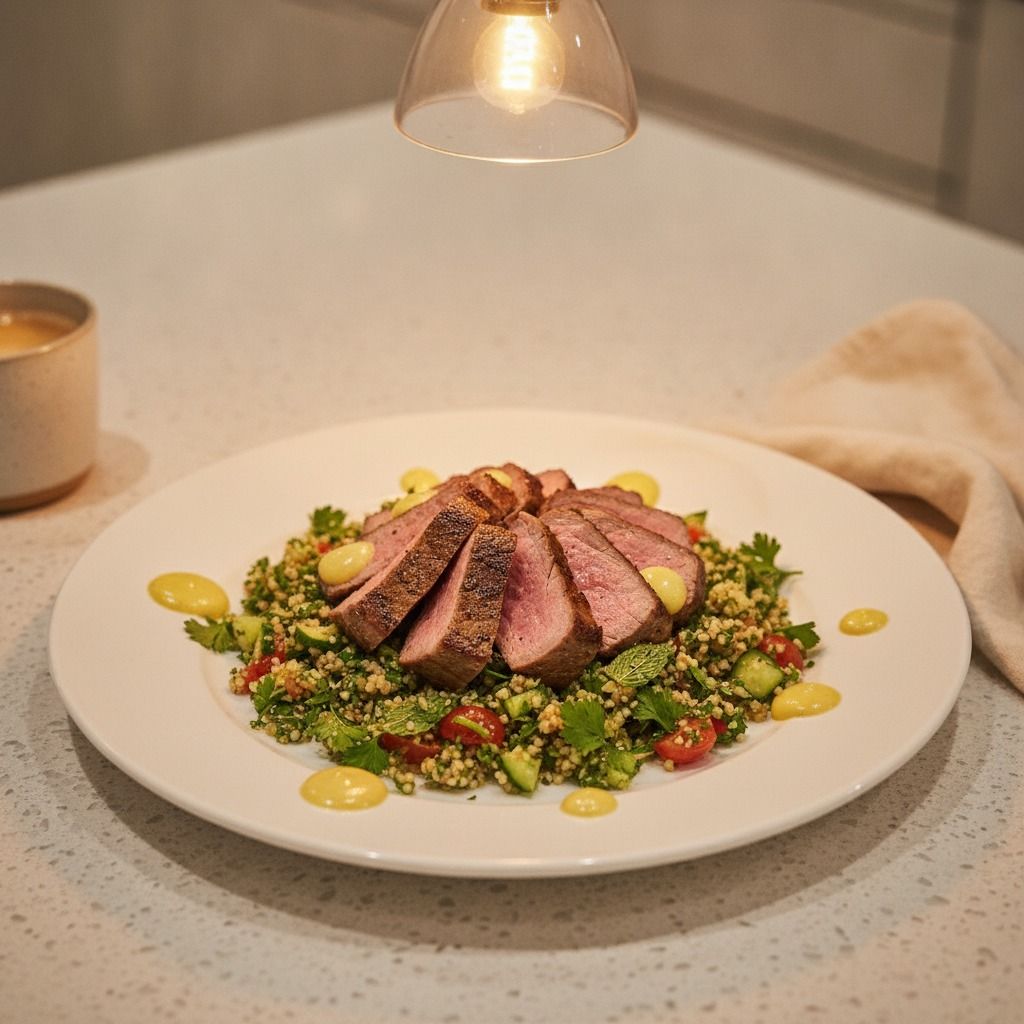 Yorkshire Hogget with Tabbouleh and Preserved Lemon Emulsion (AI-generated preview)