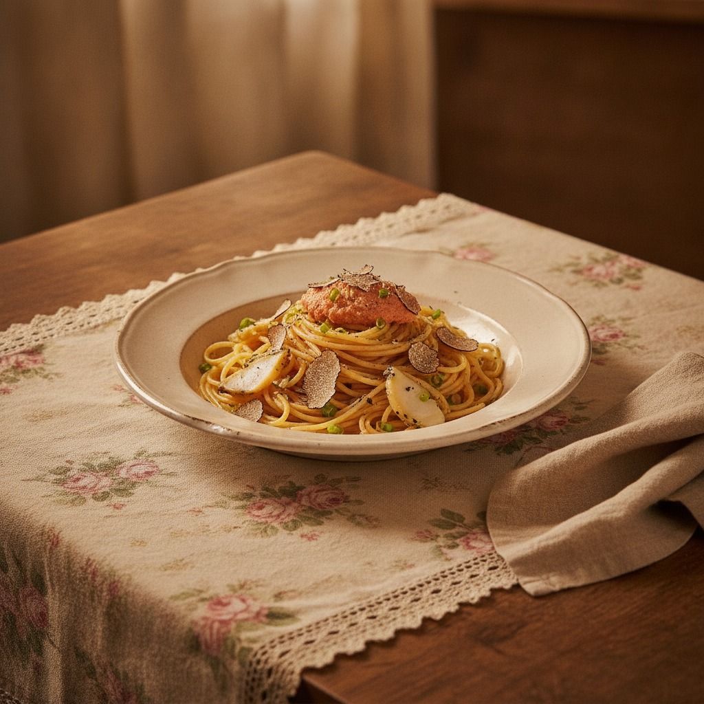 Shiizakana: Abalone, Truffle & Pickled Cod Roe Pasta (AI-generated preview)