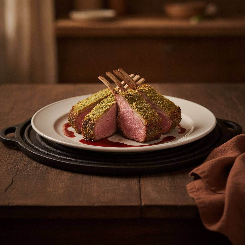 Pistachio-Crusted Lamb Rack with Barolo Sauce (AI-generated preview)