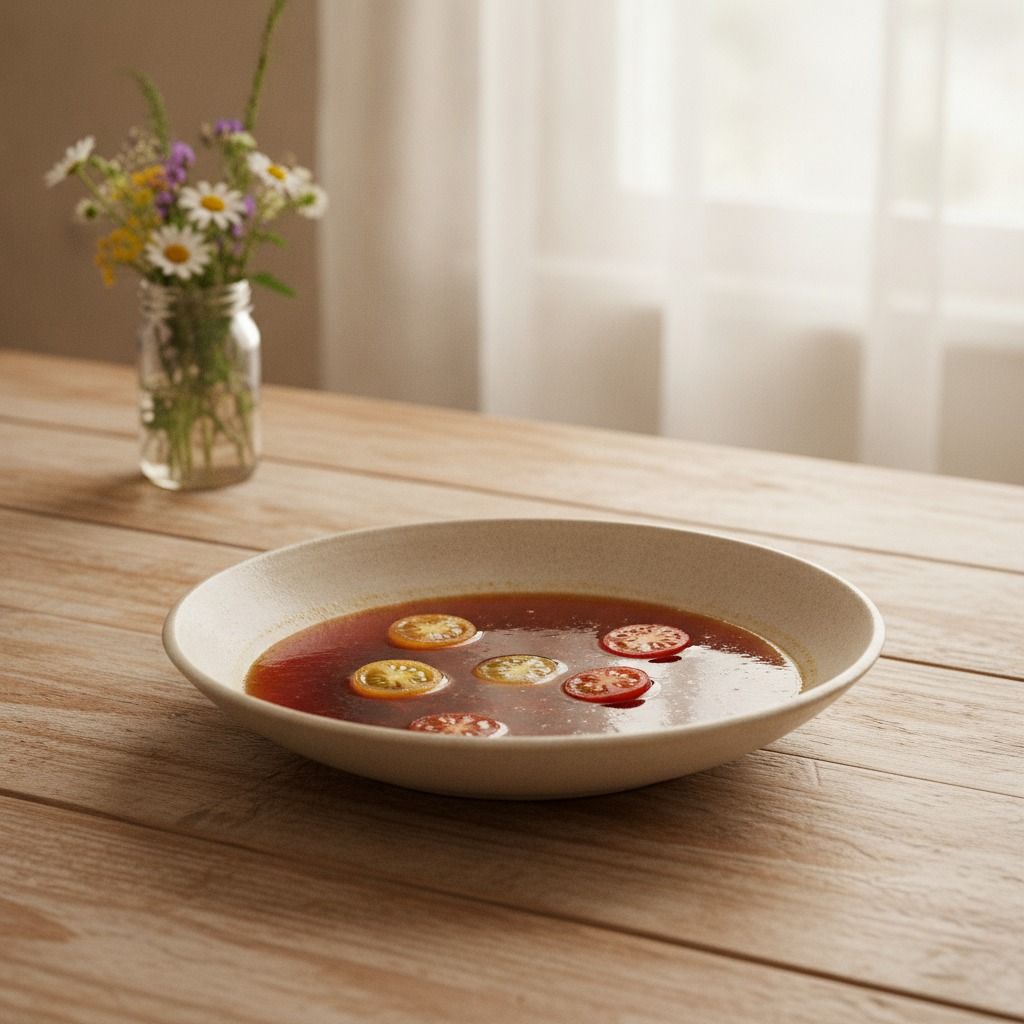 Sow's Blood Consommé with Suspended Tomatoes (AI-generated preview)