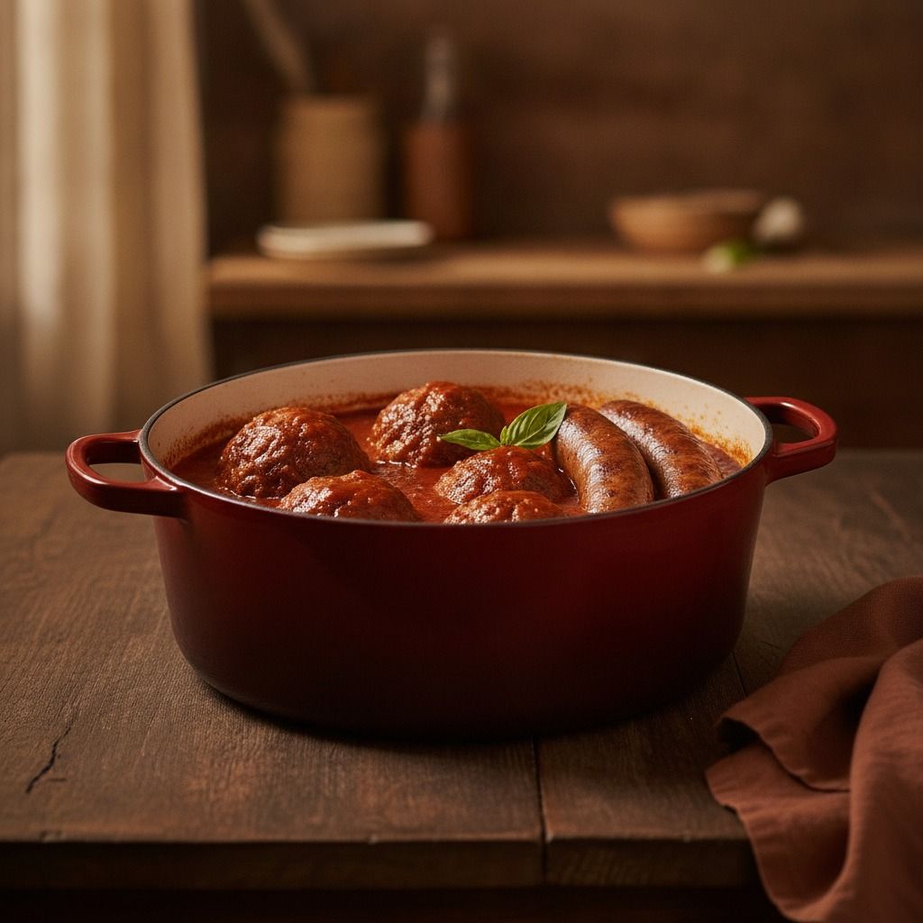 Sunday Gravy with Meatballs and Sausage (AI-generated preview)